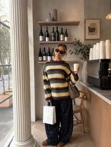 MORI Autumn/Winter Vintage Y2K Elegant Casual Multi-Color Striped Plush Knit Crew Neck Pullover Sweater For Women, Suitable For Outings, Parties, Vacations, Concerts - Multicolor - View 9