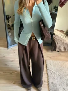 Cardigan Rajut Lengan Panjang Warna Biru Mint untuk Wanita, Serbaguna dengan Kerah Lipat, Cocok untuk Musim Gugur/Dingin - Mint Blue - View 1