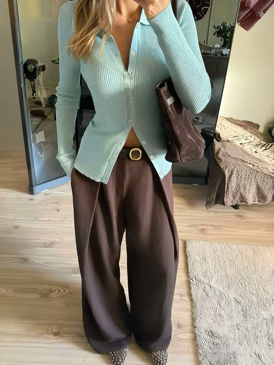 Cardigan Rajut Lengan Panjang Warna Biru Mint untuk Wanita, Serbaguna dengan Kerah Lipat, Cocok untuk Musim Gugur/Dingin - Mint Blue - View 1