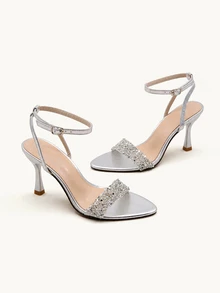 Farahzel Fashionable Silver Strap Pointed Toe Crystal Embellished High Heel Sandals - Silver - View 3
