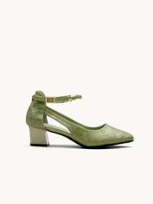 Farahzel Chunky Heel Single Strap Low Vamp Rhinestone Studded Pump,Elegant,Elegant - Green - View 4