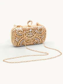 Farahzel Tas malam berbentuk oval yang baru ini dihiasi dengan rhinestones berkilauan yang disusun dalam pola seperti bunga matahari. - Emas - View 4