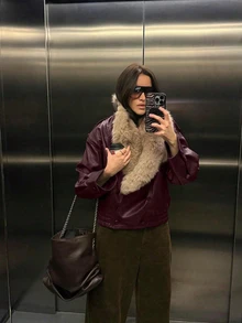 女款時尚復古人造毛皮皮革夾克可翻面女款冬季外套人造毛皮提供保暖與舒適女款冬季夾克 - 酒紅色 - 查看 2