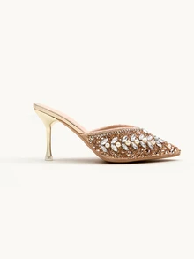 Farahzel Women's Pointed Toe High Heel Slip On Sandals With Rhinestone, New Design Party & Casual Wear,Elegant,Mule - Champagne - View 4