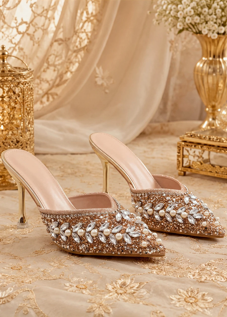 Farahzel Women's Pointed Toe High Heel Slip On Sandals With Rhinestone, New Design Party & Casual Wear,Elegant,Mule - Champagne - View 1