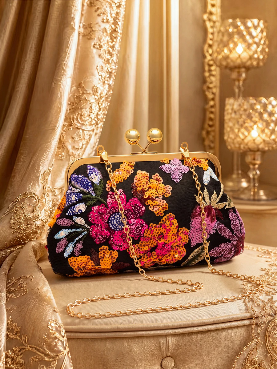 Farahzel Irregular Sequin Floral Clutch For Women, Lightweight Evening Bag For Party, Wedding, Prom & Banquet, Perfect Gift For Bridesmaid - Black - View 1