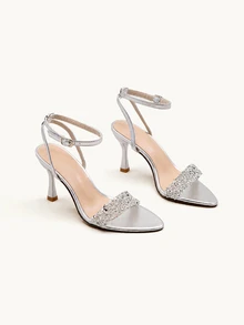 Farahzel Fashionable Silver Strap Pointed Toe Crystal Embellished High Heel Sandals - Silver - View 2