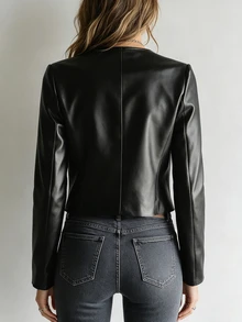 Women's Black PU Leather Gold Button Long Sleeve Round Neck Short Jacket, Autumn/Winter - Black - View 2