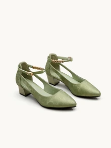 Farahzel Chunky Heel Single Strap Low Vamp Rhinestone Studded Pump,Elegant,Elegant - Green - View 2