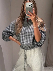 Women's Plaid Long Sleeve Shirt With Elastic Hem, Casual Style, Front Button Closure, Checkered Pattern - Black and White - View 2