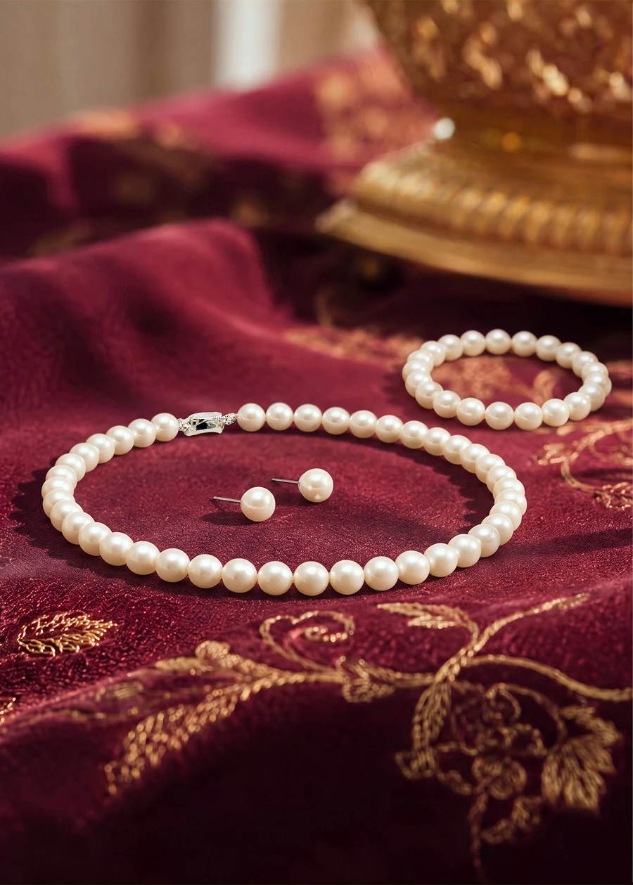Farahzel 4pcs Pearl Beaded Jewelry Set, Fashion Simple 925 Silver Clasp Necklace Bracelet Earrings Kit, 6mm/8mm/10mm Pearl Size - White - View 1