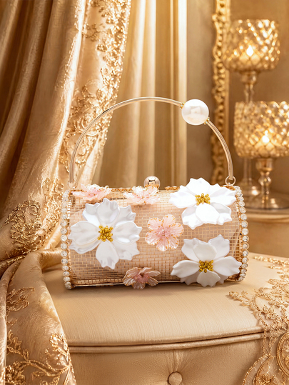 Farahzel Luxury Women's Contrasting Flower Dinner Bag With Exquisite Metal Mesh Bucket Bag, Perfect