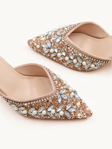 Farahzel Women's Pointed Toe High Heel Slip On Sandals With Rhinestone, New Design Party & Casual Wear,Elegant,Mule - Champagne - View 5