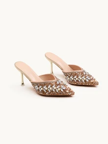 Farahzel Women's Pointed Toe High Heel Slip On Sandals With Rhinestone, New Design Party & Casual Wear,Elegant,Mule - Champagne - View 2