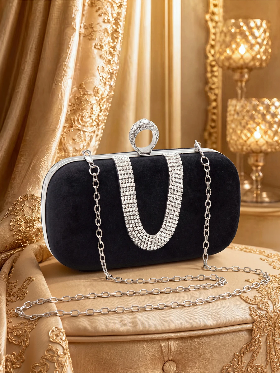 Farahzel Women's Mini Glamorous Rhinestone Embellished Evening Clutch Bag With Ring Handle And Detachable Shoulder Strap - Black - View 1