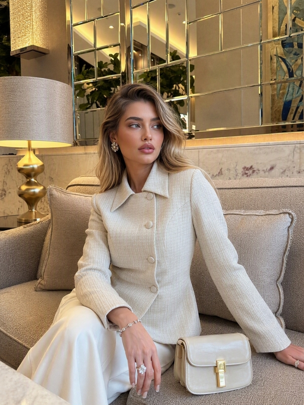 Blazer en tweed élégant à revers et simple boutonnage pour femmes, top texturé à manches longues cintré à la taille, veste de style vintage luxe discret pour le bureau et les déplacements