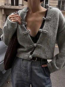 Women's Comfortable Fashion Chinese Style Frog Button Knit Cardigan Sweater, Autumn/Winter - Grey - View 1