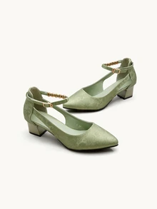 Farahzel Chunky Heel Single Strap Low Vamp Rhinestone Studded Pump,Elegant,Elegant - Green - View 3