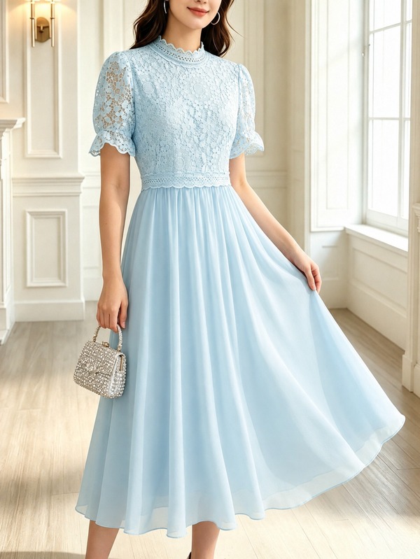 Women's Bridesmaid Dress, Embroidered Lace Chiffon Party Dress, Short Sleeve Round Neck Design, Evening Gown, Cocktail Party Dress Wedding Fall