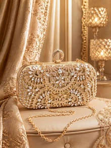 Farahzel Tas malam berbentuk oval yang baru ini dihiasi dengan rhinestones berkilauan yang disusun dalam pola seperti bunga matahari. - Emas - View 1