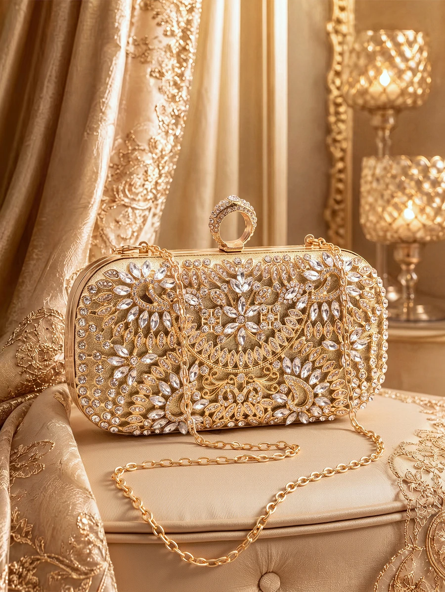 Farahzel Tas malam berbentuk oval yang baru ini dihiasi dengan rhinestones berkilauan yang disusun dalam pola seperti bunga matahari. - Emas - View 1