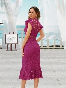 Cap Sleeve Round Neck Solid Color Dress With Waist Cinched And Ruffle Trim Party Dress Wedding Guest Dress Formal Dress Evening Dress Spring Fall - Red Violet - View 2