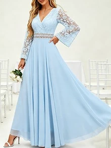 Floral Lace Dress, Chiffon Long Sleeve V-Neck Design Fall - Light Blue - View 1