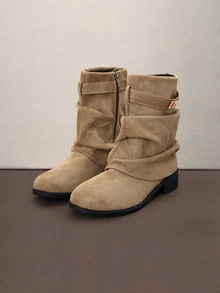 Hatastic Sepatu Bot Ankle Berkerut Gaya Barat 2025 untuk Wanita, Sepatu Bot Berkuda Koboi Vintage Musim Gugur/Dingin dengan Gesper, Gaya Liburan - Khaki - View 1