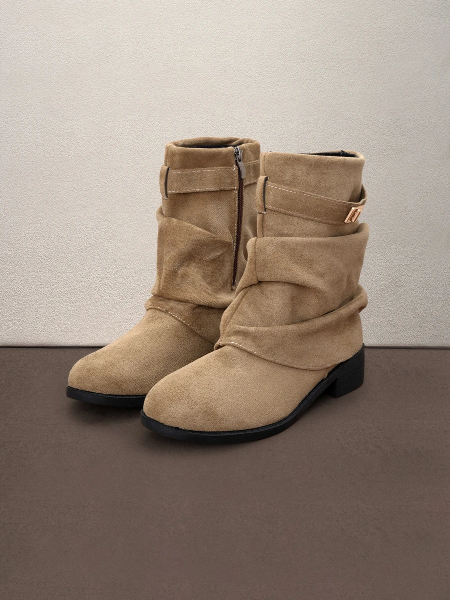 Hatastic Sepatu Bot Ankle Berkerut Gaya Barat 2025 untuk Wanita, Sepatu Bot Berkuda Koboi Vintage Musim Gugur/Dingin dengan Gesper, Gaya Liburan - Khaki - View 1