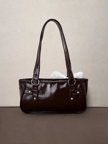 Hatastic 1pc Coffee Brown Metal Rivet Decor Solid Color PU Baguette Shoulder Bag For Women, Winter New Arrival Halloween - Coffee Brown - View 3