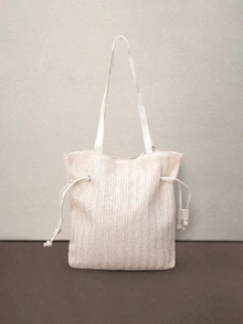 Hatastic New Summer Beach Vacation Woven Tote Bag, Casual Commuter Shoulder Bag, Drawstring Closure Versatile Large Capacity Handbag For Women ,Holiday Halloween - Beige - View 3