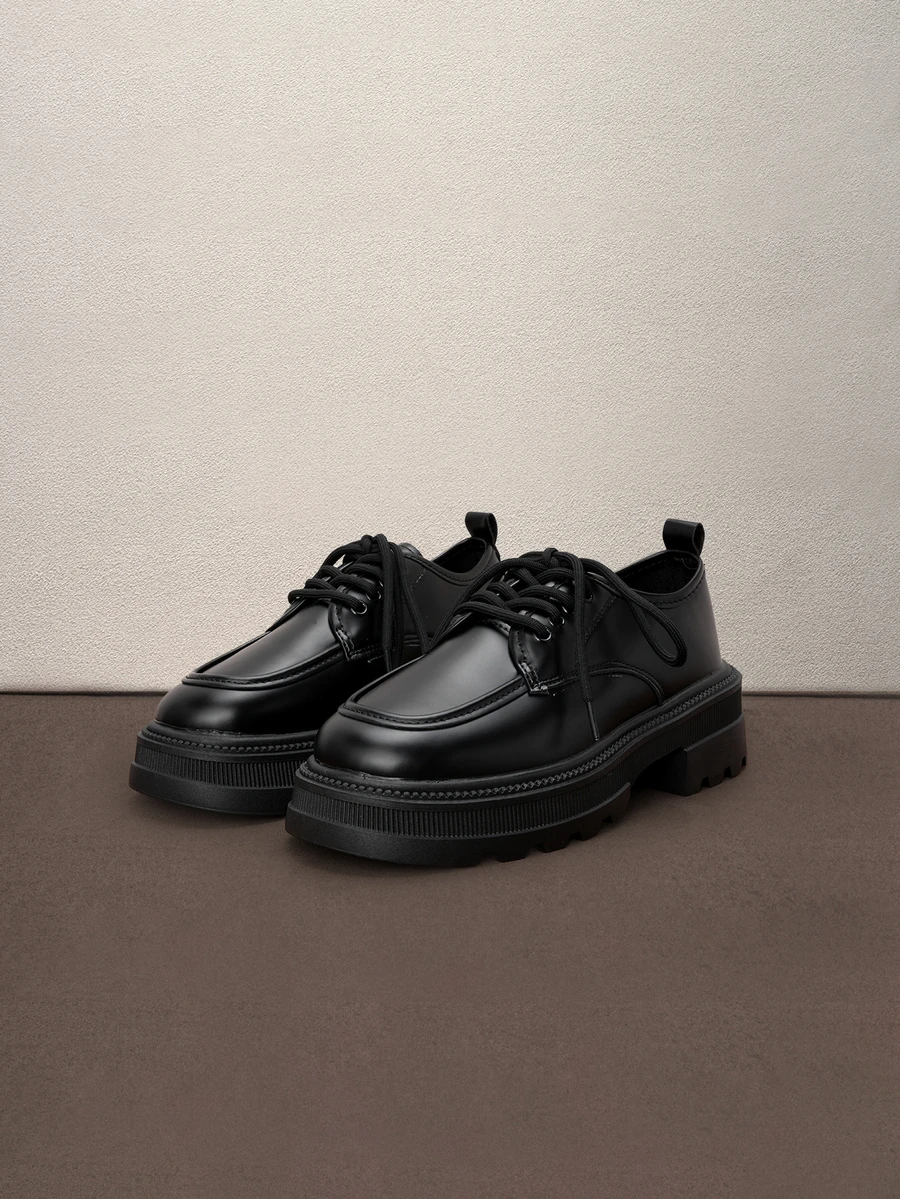 Hatastic Women's Casual Lace-Up Thick Sole Solid Color Loafers For Daily Wear,Wedge Heels Halloween - Black - View 1