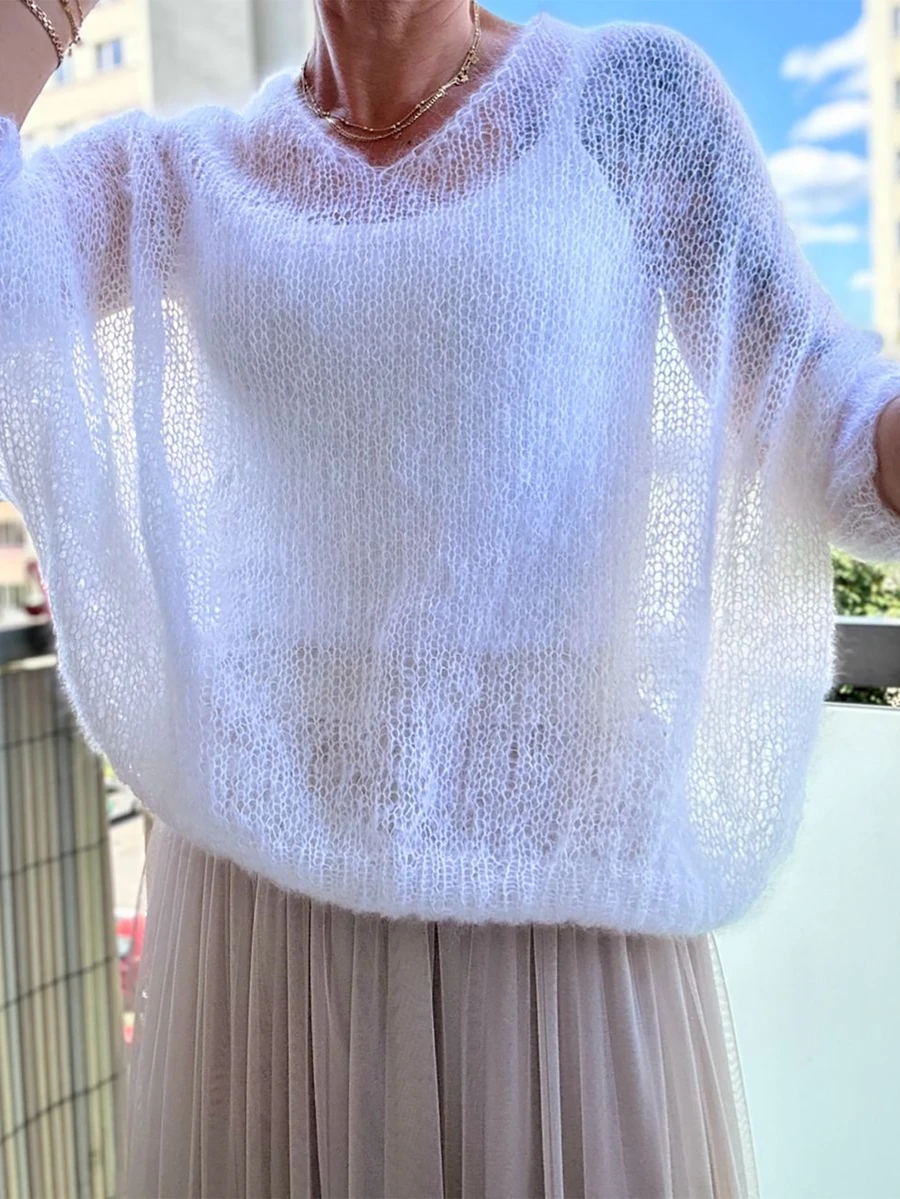 白色馬海毛透視針織罩衫，寬鬆蝙蝠袖罩衫，女款夏季上衣，夏季休閒海灘秋季 - 白色 - 查看 1