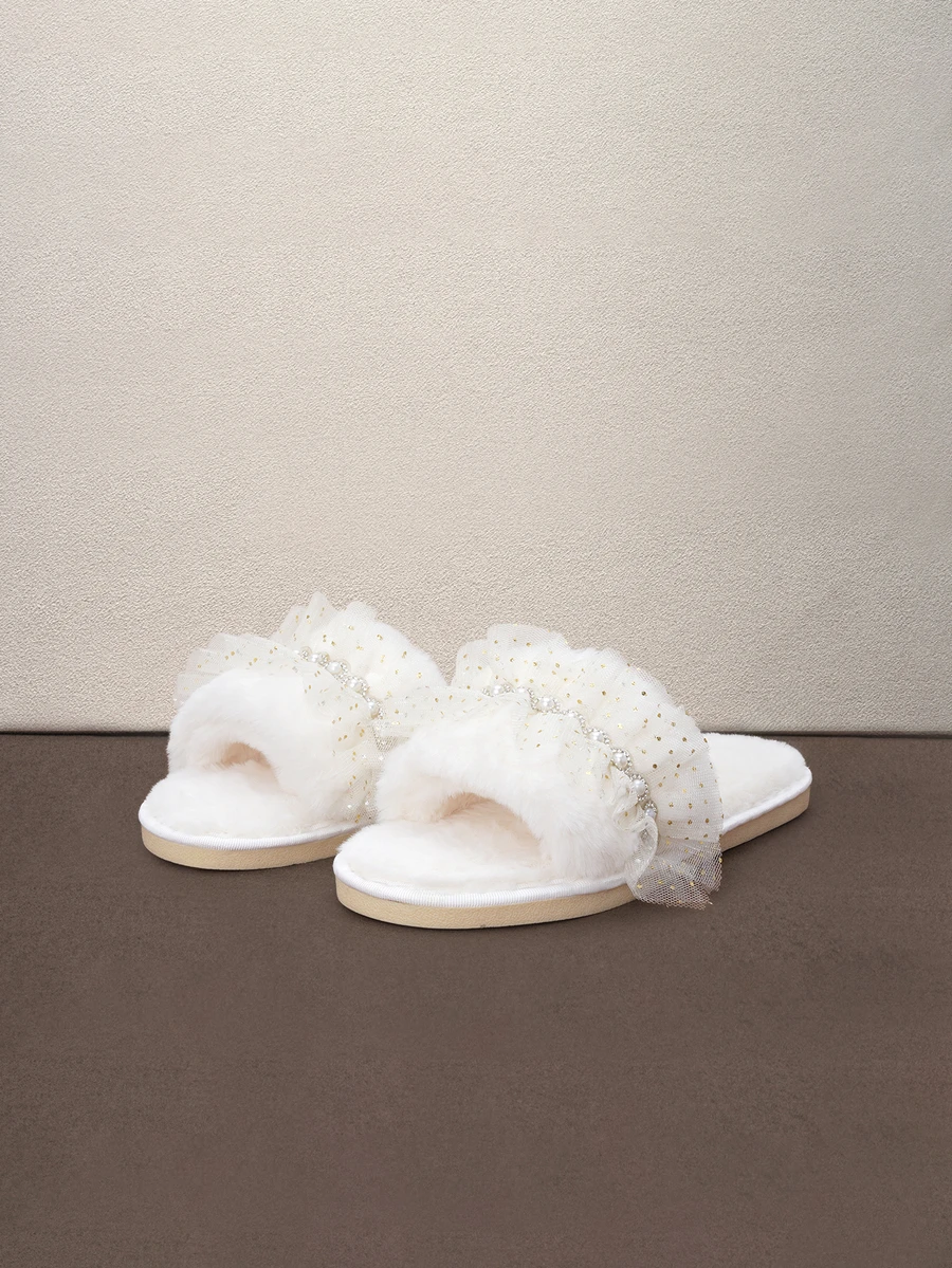 Hatastic Fall/Winter Lace Fabric Home Fashion Pearl Decor Ladies Slippers, Spring Autumn New Home Slippers For Women,Fluffy Slippers Halloween - White - View 1