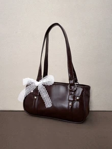 Hatastic 1pc Coffee Brown Metal Rivet Decor Solid Color PU Baguette Shoulder Bag For Women, Winter New Arrival Halloween - Coffee Brown - View 2