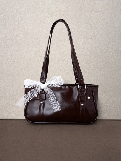 Hatastic 1pc Coffee Brown Metal Rivet Decor Solid Color PU Baguette Shoulder Bag For Women, Winter New Arrival Halloween