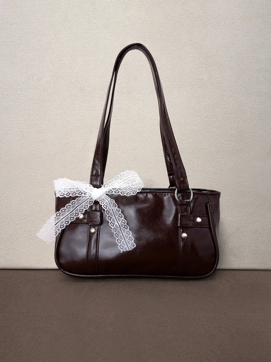 Hatastic 1pc Coffee Brown Metal Rivet Decor Solid Color PU Baguette Shoulder Bag For Women, Winter New Arrival Halloween - Coffee Brown - View 1