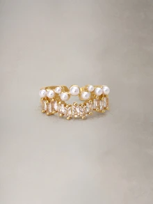 Hatastic 1pc Minimalist Chic Faux Pearl Zirconia Gold Plated Double-Layer Ring, Versatile Delicate Niche Design Open Ring Halloween - Gold - View 2