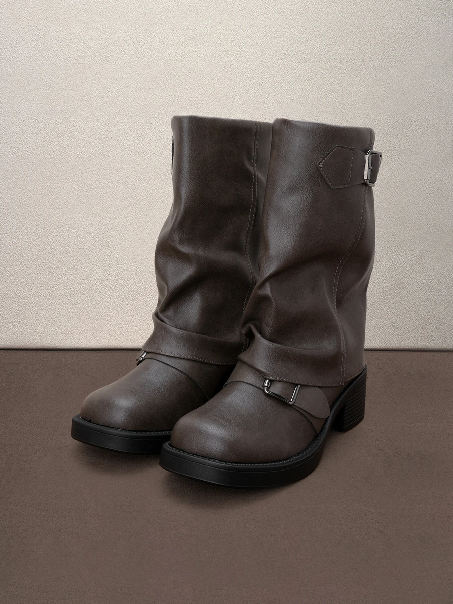 Hatastic Women's Fashion Heeled Boots, New Caramel Color With Buckle Strap, Retro Chunky Heel And Platform,Slim Fit Autumn/Winter Halloween - Khaki - View 1