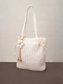 Hatastic New Summer Beach Vacation Woven Tote Bag, Casual Commuter Shoulder Bag, Drawstring Closure Versatile Large Capacity Handbag For Women ,Holiday Halloween - Beige - View 2