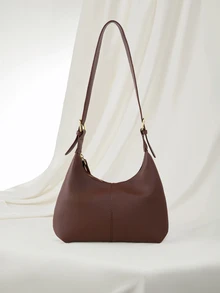 Clariva Niche Design Textured PU Solid Color Fashion Minimalist Versatile Soft Shoulder Bag Mini Women's Underarm Bag Handbag - Coffee - View 2