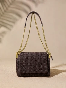 Tropiscape 1pc Minimalist Fashion Chocolate-Colored Shoulder Bag, Woven Straw Hobo Bag, Large Capacity 3-Compartment Crossbody Bag - Chocolate Brown - View 1