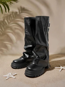 Tropiscape Women's Round Toe Chunky Boots, All-Season Pleated Cuff Pants, Side Zipper Buckle Design, Fashionable Long, Runs Small, Heel - Black - View 2