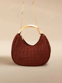 Glizzene Tas Selempang Mini Anyaman dengan Detail Pegangan Logam Terbaru untuk Wanita, Koleksi Musim Semi/Panas 2026 - Coklat - View 1