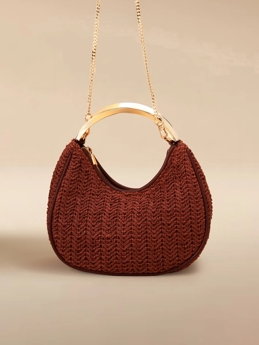 Glizzene Tas Selempang Mini Anyaman dengan Detail Pegangan Logam Terbaru untuk Wanita, Koleksi Musim Semi/Panas 2026 - Coklat - View 1
