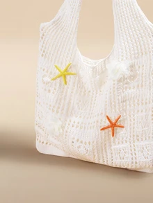 Glizzene Fashion Essential: Women's Crochet Knit Beach Tote Bag, Hollow Design, Large Capacity, Foldable, With Carrying Strap - Apricot - View 3