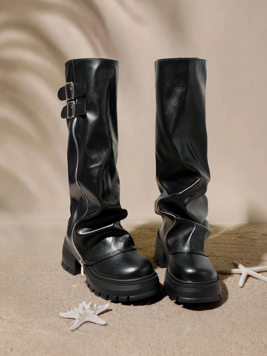 Tropiscape Women's Round Toe Chunky Boots, All-Season Pleated Cuff Pants, Side Zipper Buckle Design, Fashionable Long, Runs Small, Heel - Black - View 1