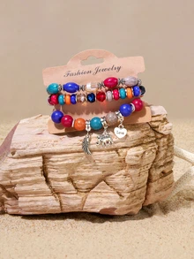 Tropiscape Bohemian Style Multi-Layer Beaded Bracelet, Elastic Stretch - Colorful - View 1