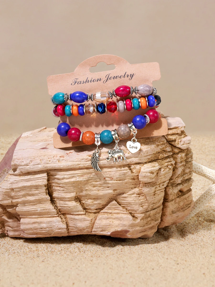 Tropiscape Bohemian Style Multi-Layer Beaded Bracelet, Elastic Stretch - Colorful - View 1