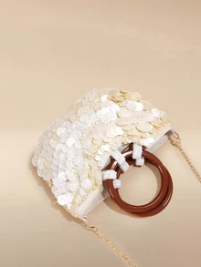 Glizzene 1pc White Sequin Shell Decor Wooden Round Handbag With Shoulder Strap, Women's Luxury Vacation Style Evening Bag, - White - View 4